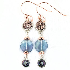 Round Pink Drusy Focal, Faceted Square Fluorite, Mystic Topaz Dangles, Rose Gold Earrings