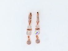 Clear Cubic Zirconia Encrusted Rose Gold Round Dangle, Austrian Crystal Balls with an Aurora Borealis Finish, CZ Encrusted Hoop Earrings