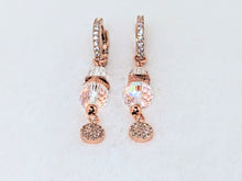 Clear Cubic Zirconia Encrusted Rose Gold Round Dangle, Austrian Crystal Balls with an Aurora Borealis Finish, CZ Encrusted Hoop Earrings