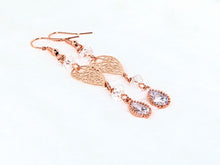 Filigree Teardrop Beads, Cubic Zirconia Rondelles, Milgrain CZ Vintage-Look Dangle Rose Gold Earrings