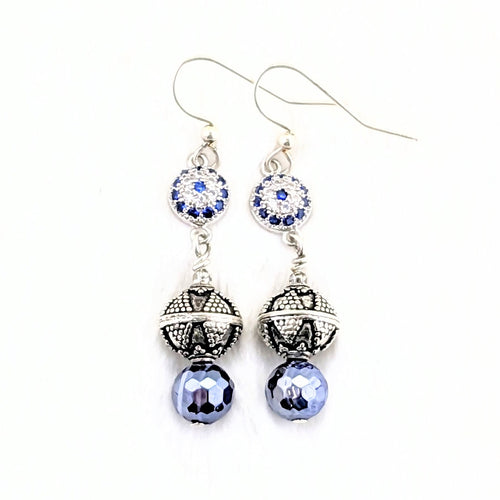 Evil Eye Focal, Electroplated Royal Blue Agate, Bali-style Silver Beads, Silver Earrings