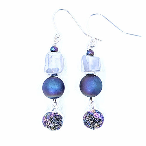 Grey Moonstone, Hematite, Peacock Drusy Agate Dangle Earrings