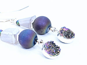 Grey Moonstone, Hematite, Peacock Drusy Agate Dangle Earrings