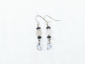 White Howlite Moon, Hematite, Fluorite, Silver Earrings