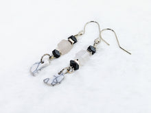 White Howlite Moon, Hematite, Fluorite, Silver Earrings