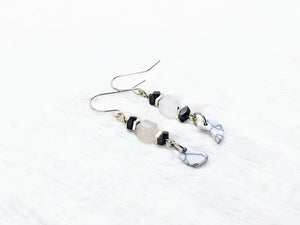 White Howlite Moon, Hematite, Fluorite, Silver Earrings