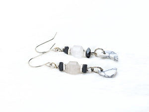 White Howlite Moon, Hematite, Fluorite, Silver Earrings