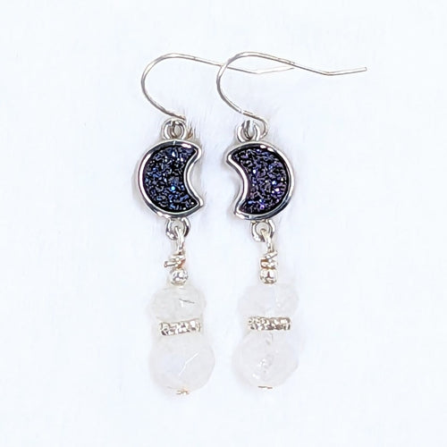 Moonstone, Aquamarine, Purple Drusy Moon Earrings