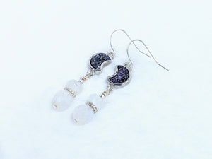 Moonstone, Aquamarine, Purple Drusy Moon Earrings