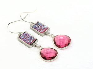Pink Rectangle Drusy, Faceted Teardrop Pink Tourmaline Dangle, Silver Earrings
