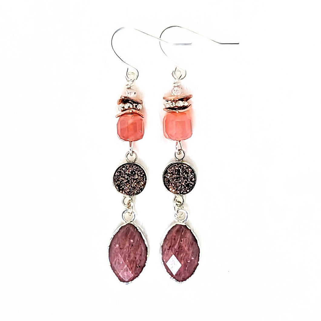Faceted Cube Botswana Agate, Round Pink Drusy and Faceted Marquis Strawberry Quartz Dangles, Rose Gold and Silver Earrings