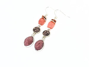 Faceted Cube Botswana Agate, Round Pink Drusy and Faceted Marquis Strawberry Quartz Dangles, Rose Gold and Silver Earrings