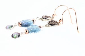 Round Pink Drusy Focal, Faceted Square Fluorite, Mystic Topaz Dangles, Rose Gold Earrings