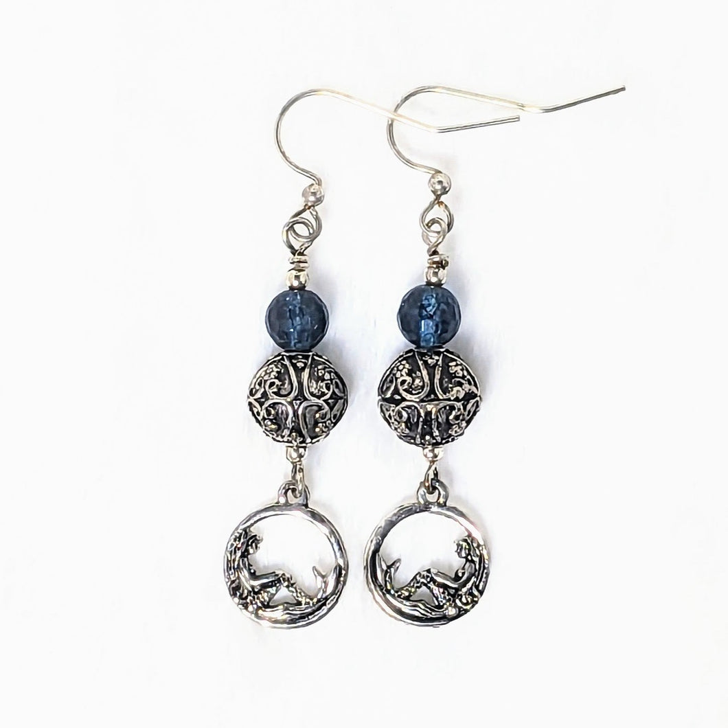 Faceted Blue Topaz, Bali-style Silverplated Beads, Relaxed Mermaid Charm Dangle Earrings