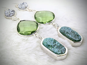 Silver and Aquamarine-Colored Drusy, Tear Drop Shape Prasiolite, Silver Earrings