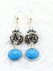 Howlite, Turquoise Swarovski Crystal, Silver Earrings