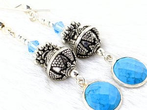 Howlite, Turquoise Swarovski Crystal, Silver Earrings