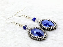 Rhinestone Encrusted Royal Blue Glass, Lapis Lazuli, Cubic Zirconia, Silver Earrings