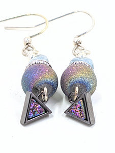 Silverite, Peacock Drusy, Triangular Drusy Dangle Earrings