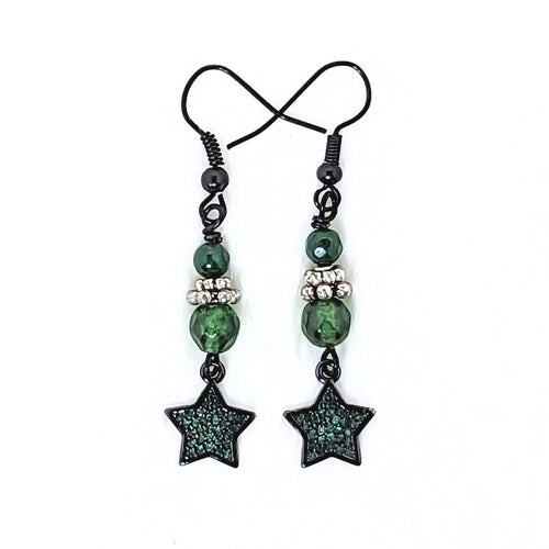 Green Aventurine, Green Rhinestones, Silver and Black Earrings