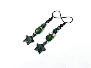 Green Aventurine, Green Rhinestones, Silver and Black Earrings