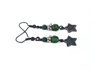 Green Aventurine, Green Rhinestones, Silver and Black Earrings