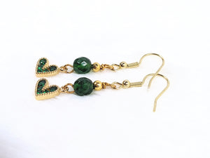 Green Aventurine, Gold, Green Rhinestone Heart Dangle Earrings