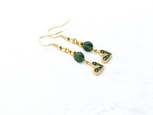 Green Aventurine, Gold, Green Rhinestone Heart Dangle Earrings