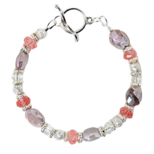 Peach Moonstone, Rose Quartz, Cubic Zirconia, Silver Bracelet