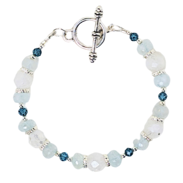 Rainbow Moonstone, Aquamarine, Blue Topaz, Silver Bracelet
