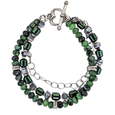 Green Nephrite, Hematite, Silver Triple Strand Bracelet