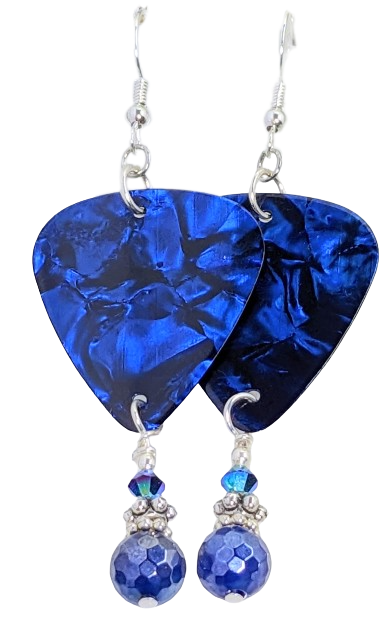 Electroplated Blue Agate, Swarovski Crystal, Silver, Marbled Blue Guitar Pick Earrings