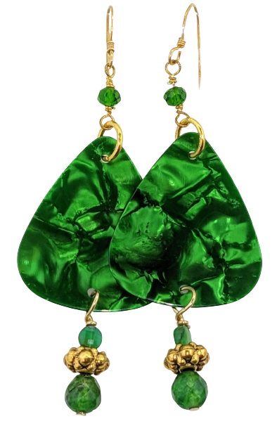 Green Aventurine, Glass, Gold, Marbled Green Guitar Pick Earrings