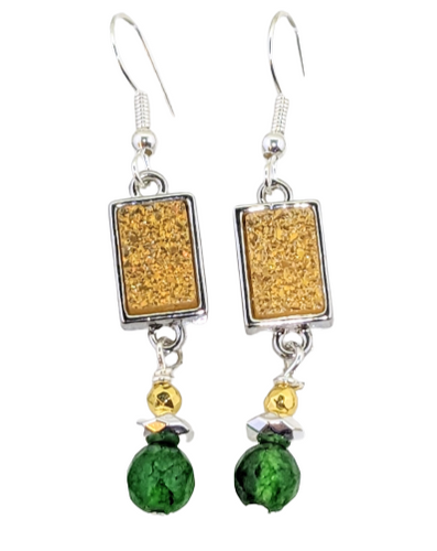 Green Aventurine, Gold Drusy, Silver Earrings