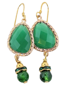 Vintage Style Green Aventurine, Rhinestone, Gold Earrings