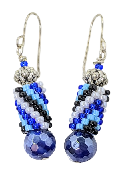 Peyote Stitch Tube Bead, Blue Agate, Silver Earrings