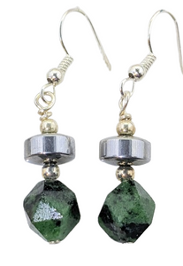 Forest Green Nephrite, Hematite, Silver Earrings