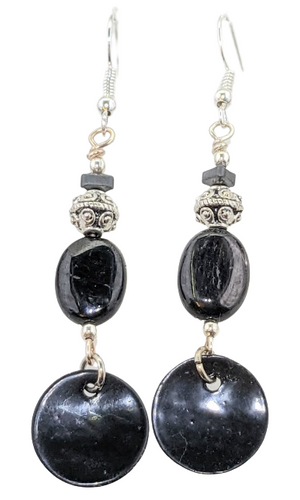 Black Obsidian, Hematite, Shell Earrings