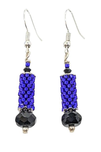 Royal Blue Peyote Stitch Tubes, Black Glass Earrings