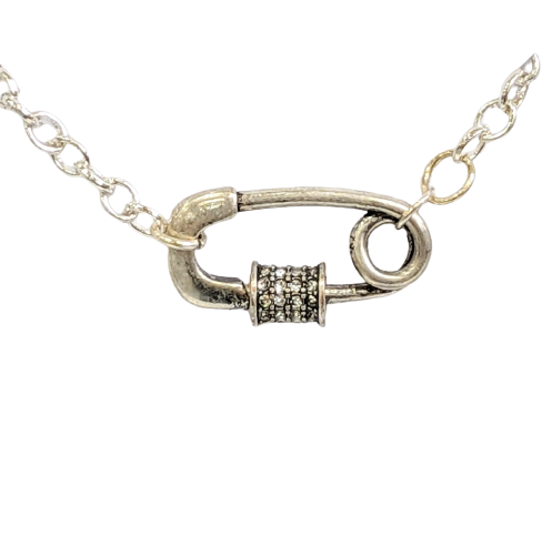 Rhinestone Encrusted Silver Safety Pin Necklace