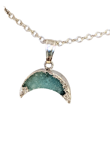 Petite Moon-shaped Aqua Drusy Silver Charm Necklace