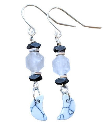 White Howlite Moon, Hematite, Fluorite, Silver Earrings