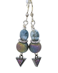 Silverite, Peacock Drusy, Triangular Drusy Dangle Earrings