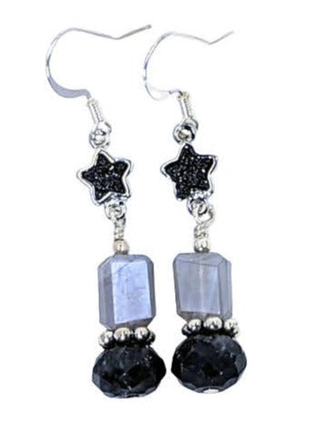 Grey Moonstone, Black Obsidian, Drusy Star Earrings