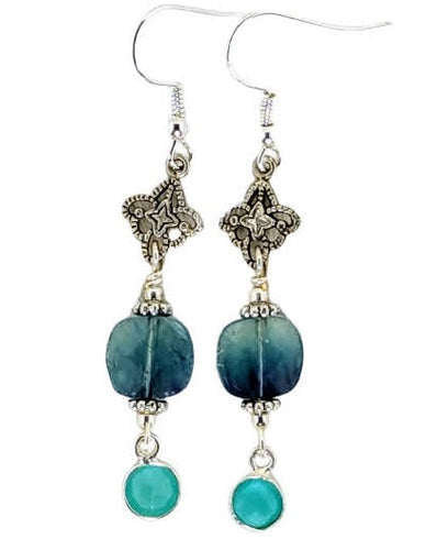 Flourite, Aventurine, Antiqued Silver Fleur de Lis Earrings