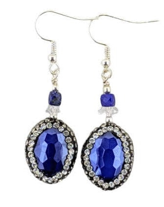 Rhinestone Encrusted Royal Blue Glass, Lapis Lazuli, Cubic Zirconia, Silver Earrings