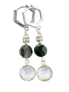 Green Nephrite, Clear Quartz, Silver Earrings