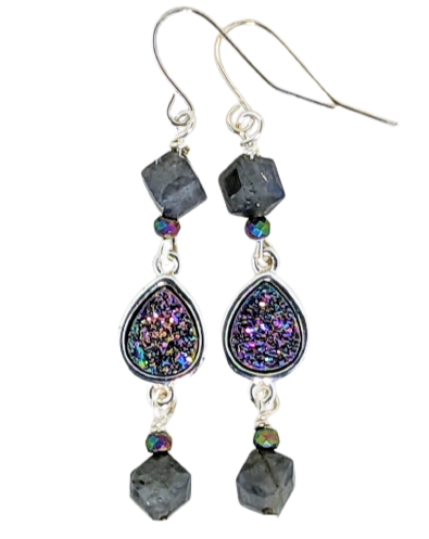 Labradorite, Hematite, Peacock Drusy Dangle Earrings