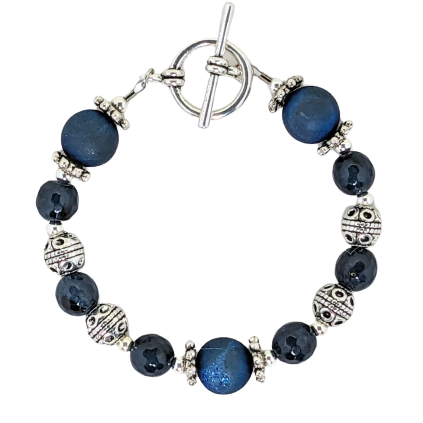 Blue Drusy, Blue Jade and Silver Bracelet