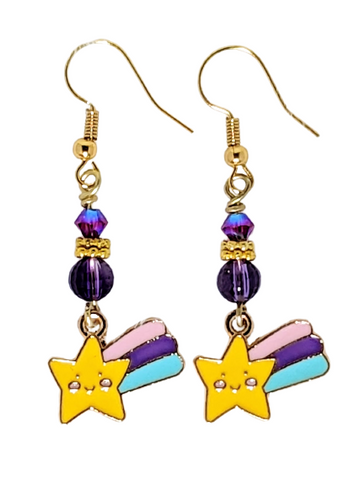 Shooting Star, Amethyst, Magenta Swarovski Crystal, Gold Earrings